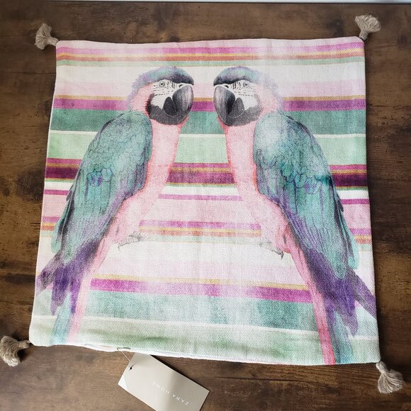 Pink Blue Pastel Watercolour Linen Look Parrot Bird + Tiger Pillowcase Set - Picture 3 of 13